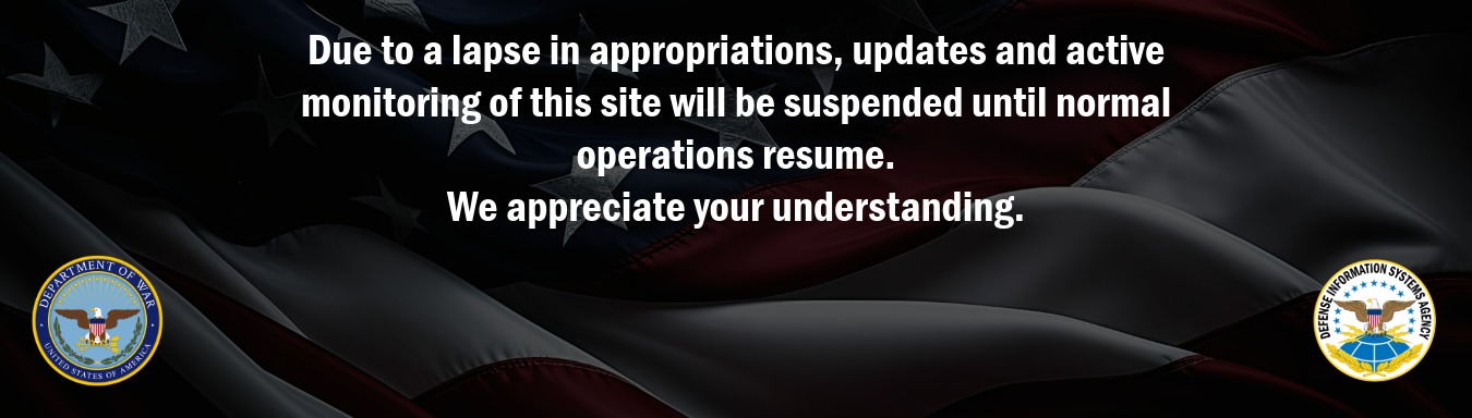 Graphic with a national ensign in the background covered be the text, "Please be advised that due to the current government shutdown, updates and active monitoring of this webpage will be suspended until normal operations resume. We appreciate your understanding." 