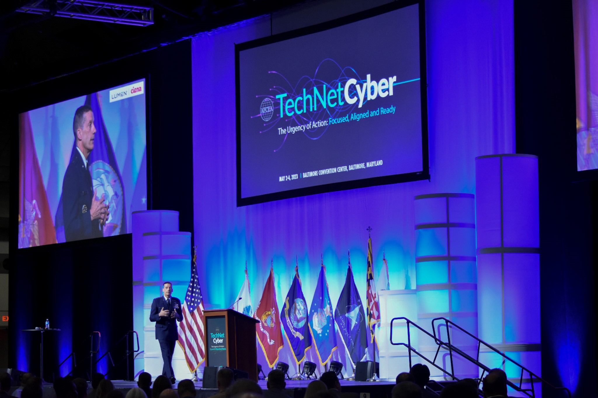 DISA Director delivers a keynote address during the AFCEA TechNet Cyber conference in Baltimore, May 2, 2023. 