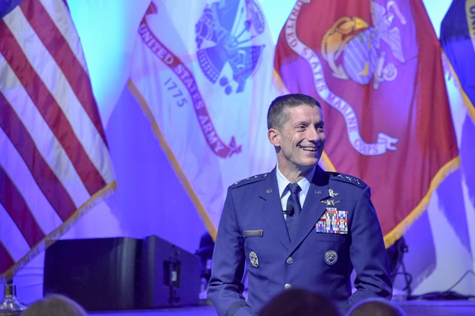 Air Force Lt. Gen. Robert J. Skinner, director of Defense information Systems Agency and JFHQ-DODIN commander, delivers a keynote address during the AFCEA TechNet Cyber conference in Baltimore, May 2, 2023. Skinner began his comments with an AI generated speech and voice to describe how quick AI is changing the tech industry. (DISA photo by David Marin)