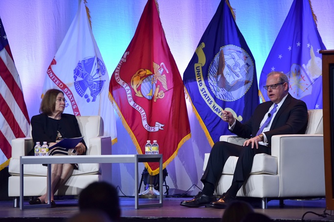 Honorable John Sherman, Department of Defense chief information officer, addresses the AFCEA TechNet Cyber audience during the morning Fireside Chat in Baltimore, May 2, 2023. Sherman spoke on strategic priorities and the way ahead. (DISA photo by David Marin)