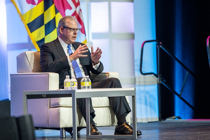 Honorable John Sherman, Department of Defense chief information officer, addresses the AFCEA TechNet Cyber audience during the morning Fireside Chat in Baltimore, May 2, 2023. Sherman spoke on strategic priorities and the way ahead. (DISA photo by Erika Alverio)