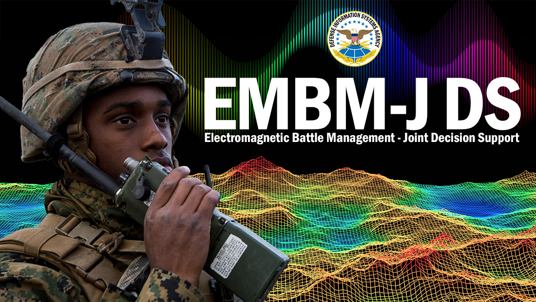 Graphic illustration with U.S. Marine using a walkie talkie on the left side of the image, a topographical looking illustration in the background and "EMBM-J DS  Electromagnetic Battle Management  - Joint Decision Support" written near the center.