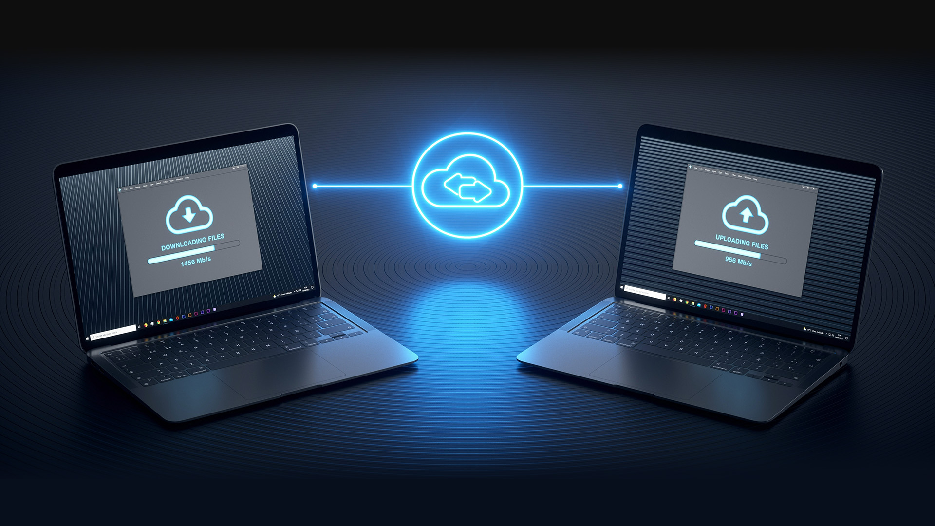 A graphic depicting two laptops sharing files via a cloud