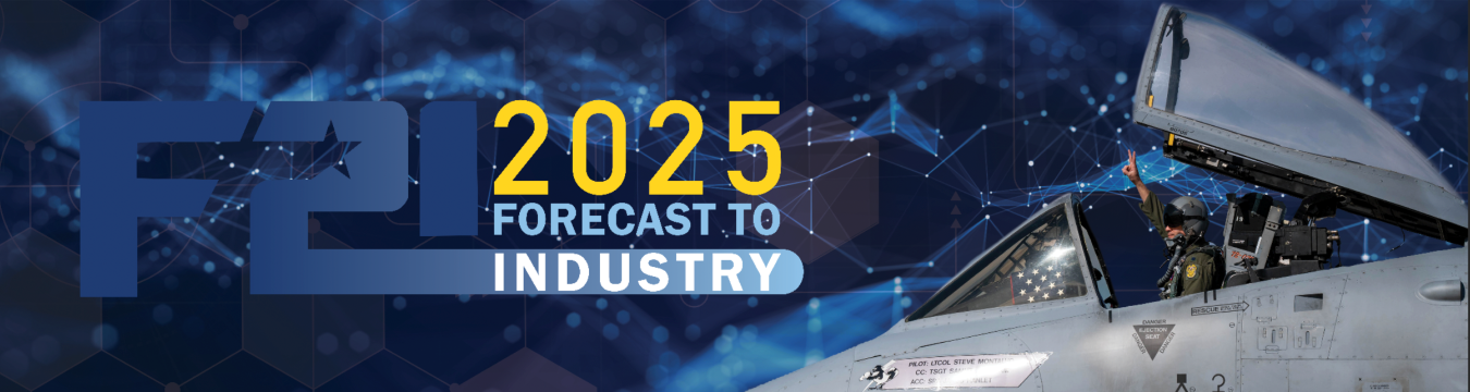 F2I banner graphic with text "F2I 2025 Forecast to Industry" on the left side and a close-up photo of a pilot waving from the open cockpit of a fighter-jet.
