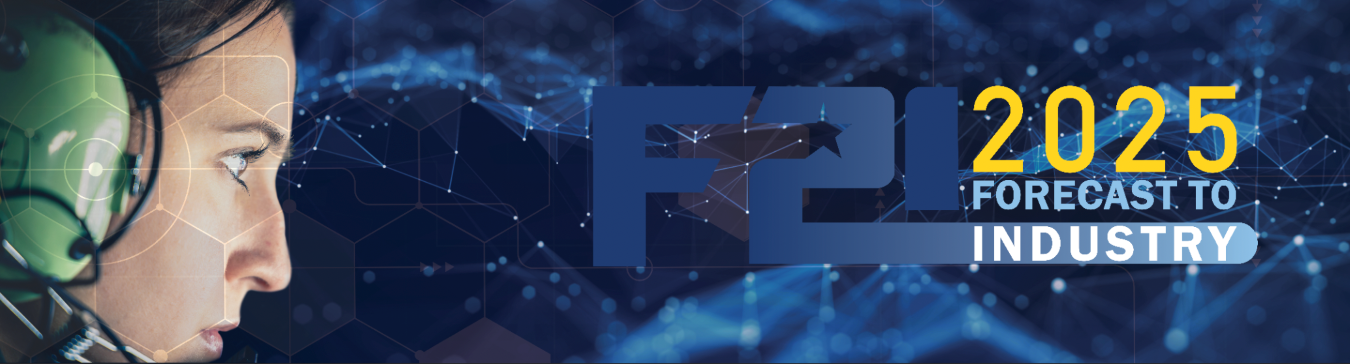 F2I banner graphic with close-up image of a female wearing a flight communications headset on the left, and the text "F2I 2025 Forecast to Industry" on the right.