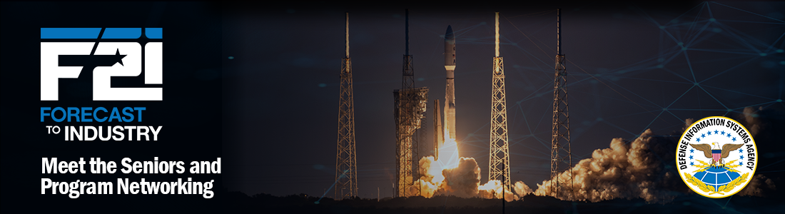 Banner includes the F2I logo on the left with the text "Meet the Seniors and Program Networking" below the logo. An image of a rocket launch is centered and the DISA logo is to the right.
